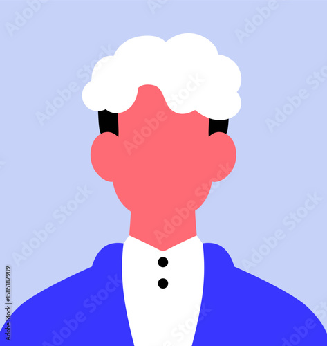 Abstract portrait, young man with dyed curly hair, modern hairstyle. Faceless male avatar in fashion minimalistic style. Blank face character, anonymous person, user profile. Flat vector illustration