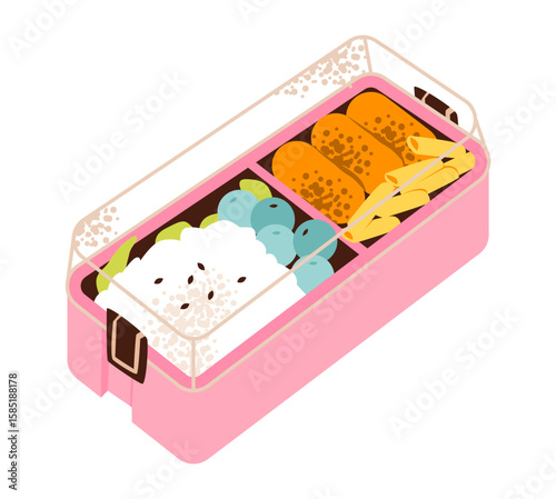 Healthy lunchbox with bento food.  Takeaway food in a lunchbox. School meals, kids snacks, zero-waste lifestyle concept. Flat vector illustration.