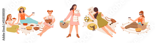 Cozy picnic in nature with friends and food. Summer picnic with people on a blanket and with baskets outdoors. Flat vector illustration set of family, vacation, or alfresco gathering.