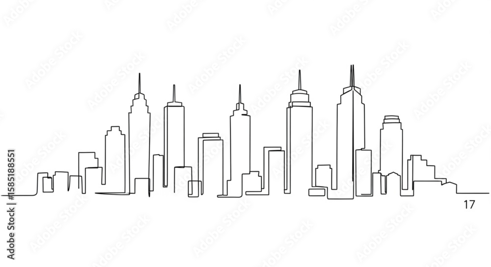 Fototapeta premium Continuous line drawing of a city skyline with various buildings on a white background in simple style