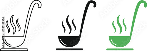 Three ladles with steam in different styles on a white background view