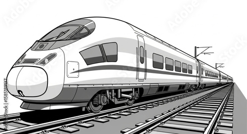 A grayscale illustration of a high speed train on tracks with overhead power lines in the distance