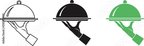 Three illustrations of a hand holding a covered dish in different styles