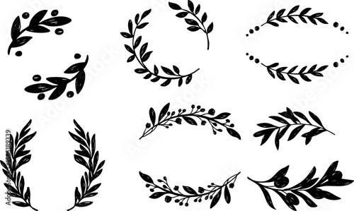 Leaf brush hand drawn ink element black crayon texture brush abstract olive flower leaf abstract
