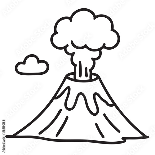 Simple Volcano Eruption Outline with Smoke and Cloud Isolated on White Background Vector Illustration