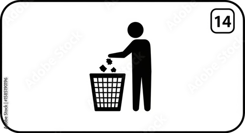 A black and white image of a person throwing trash into a basket with the number fourteen in corner