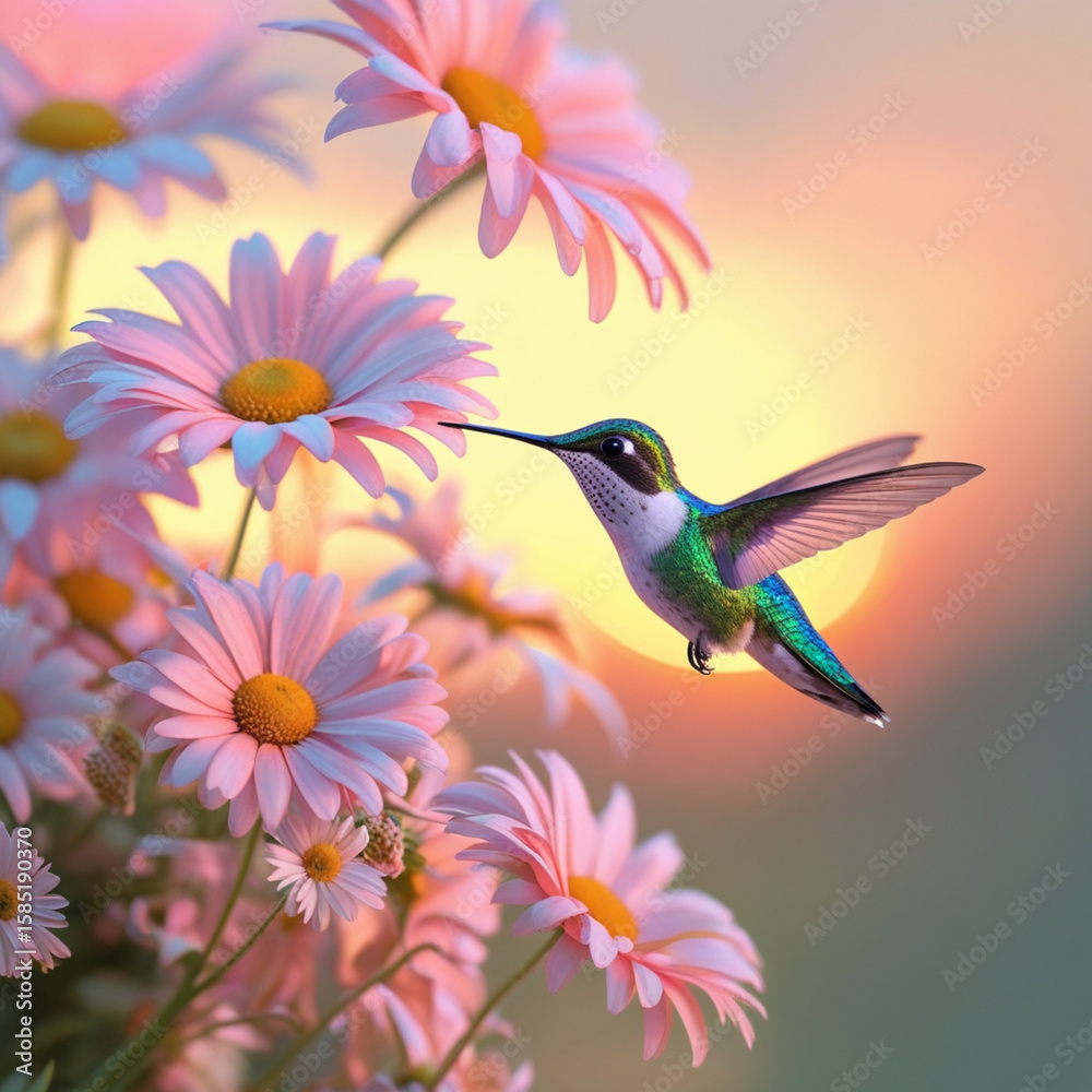 Naklejka premium Hummingbird hovering among pink daisies in soft sunset light.