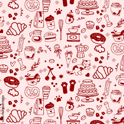 minimalist kawaii cake bakery cofee doodle element design seamless pattern