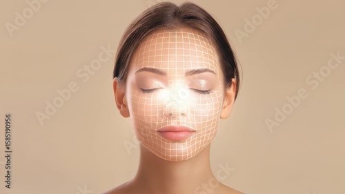 Woman biometric face scan with grid data. Facial recognition system concept for security and personal identification footage.