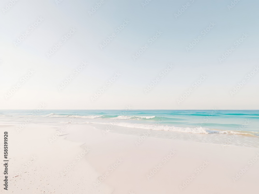 Serene coastal landscape showing the gentle waves washing onto the shore with soft light illuminating the tranquil beach Serene coastal landscape showing the gentle waves washing onto the shore with soft light illuminating the tranquil beach
