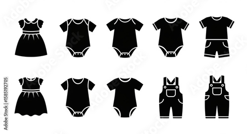 A collection of black and white baby clothing items including dresses onesies and overalls icons set vector