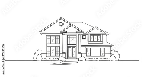 Line drawing of a two story house with bushes in front and a circular window in the top gable end