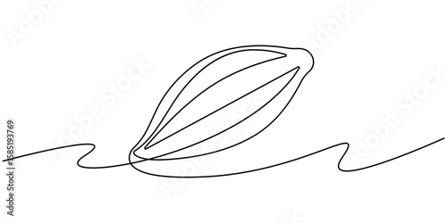 Continuous one line colorful cacao beans branch with leaves isolated on white background. Simple vegetable silhouette. Hand drawn cacao beans branch outline. Vector illustration. 