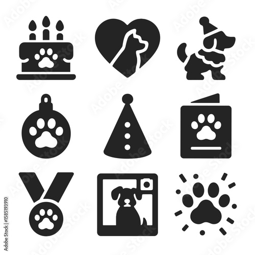 Pet Celebration Icons. Solid vector icons of pet celebrations and milestones: pet birthday cake, adoption anniversary icon,