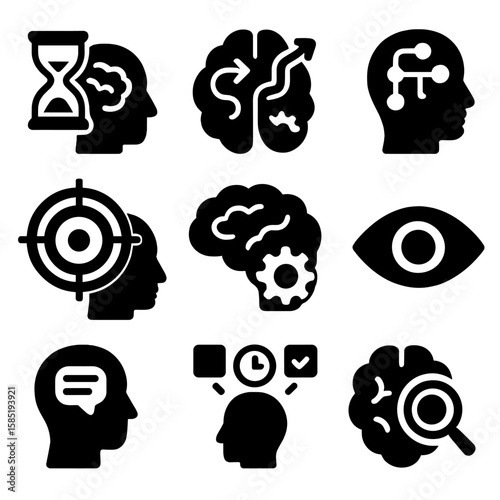 Cognitive Function Icons. Solid style icons of cognitive function: short-term memory icon, decision-making brain, logic circuit in