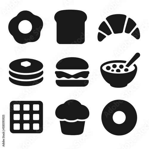 Breakfast Food Icons. Solid vector icons of breakfast food silhouettes: fried egg icon, toast slice, croissant shape, stack of