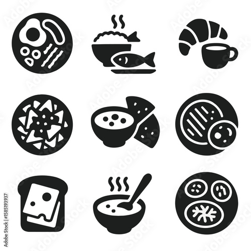 International Breakfast Icons. Solid vector icons of international breakfast silhouettes: English breakfast plate, Japanese rice
