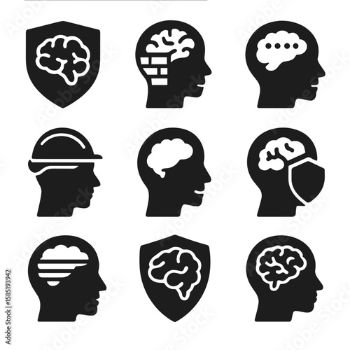 Brain Protection Icons. Solid style icons of brain protection and safety: brain shield icon, mental health barrier, protective
