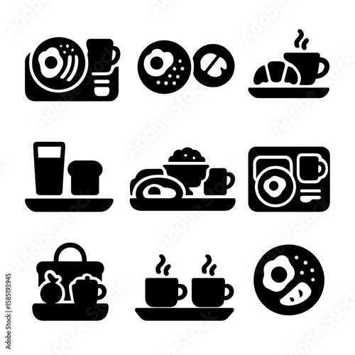 Breakfast Tray Icons. Solid vector icons of breakfast trays and sets: full breakfast tray, two-plate setup, coffee and pastry