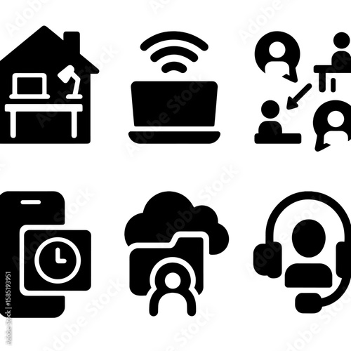 Remote Work Icons. Solid vector icons of remote work and hybrid office: home office setup, laptop with Wi-Fi, virtual chat icon,