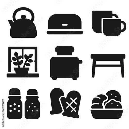 Cozy Kitchen Icons. Solid vector icons of kitchen comfort: tea kettle icon, bread box, ceramic mug set, herb plant on sill,