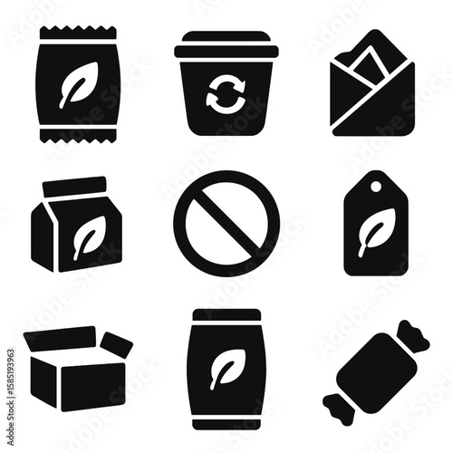 Eco Snack Packaging Icons. Solid vector icons of eco snack packaging: compostable snack bag, recyclable container, paper wrap icon