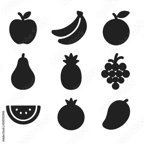 Solid Fruit Icons. Solid vector icons of whole fruits: apple icon, banana bunch, orange with leaf, pear silhouette, pineapple
