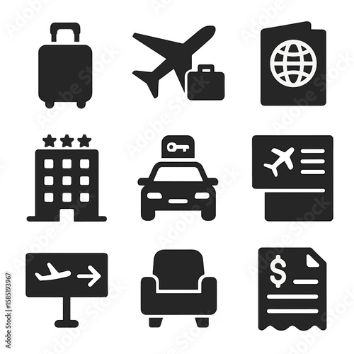 Business Travel Icons. Solid vector icons of business travel: suitcase icon, airplane with briefcase, passport icon, hotel