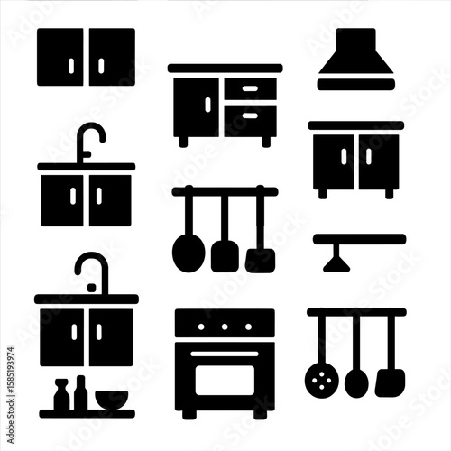 Kitchen Icon Set. Solid vector icons of kitchen interior: hanging cabinets, countertop icon, kitchen island, sink area,