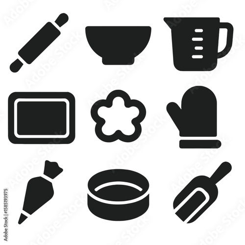 Baking Tools Icons. Solid vector icons of baking tools: rolling pin, mixing bowl icon, measuring cup, baking tray, cookie cutter,