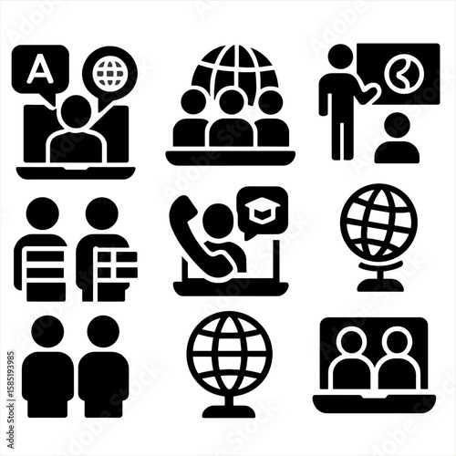 Global Education Icons. Solid style icons of educational global communication: virtual language exchange, international online