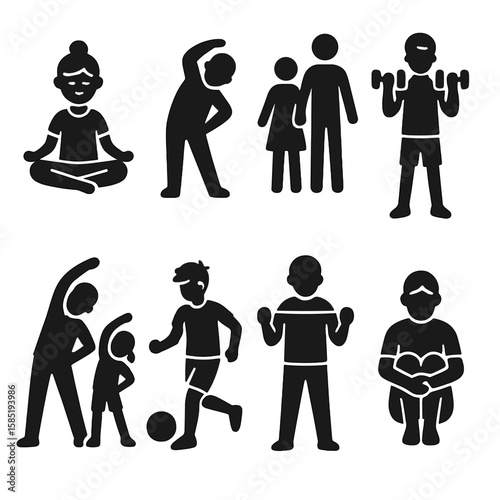 Fitness Icons for All Ages. Solid style icons of fitness for all ages: child doing yoga, senior stretching icon, family walk