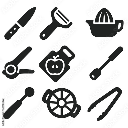 Fruit Kitchen Tools. Solid vector icons of kitchen tools for fruit: fruit knife, peeler icon, fruit juicer, citrus press, cutting