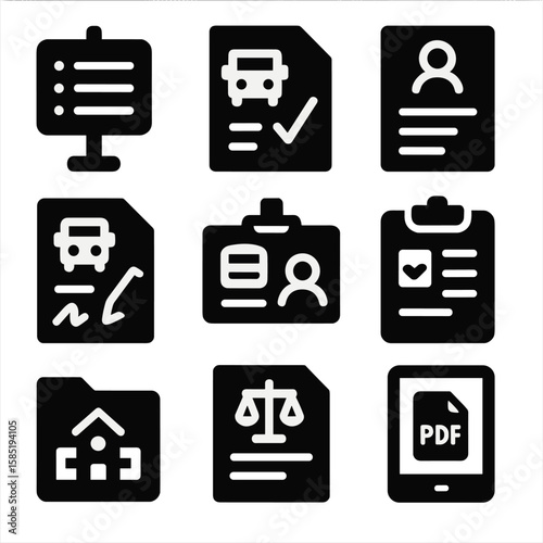 School Transport Icons. Solid style icons of school transport policies: rules sign icon, transport permission slip, behavior