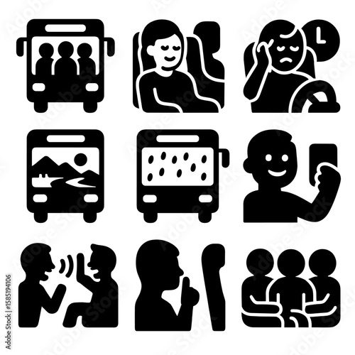 Bus Ride Icons. Solid style icons of bus ride experiences: crowded bus, peaceful ride, delay frustration, scenic view, rainy