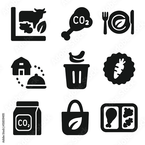 Eco-Friendly Food Icons. Solid style icons of diet and carbon footprint: beef vs plant food chart, meat footprint icon, vegetarian