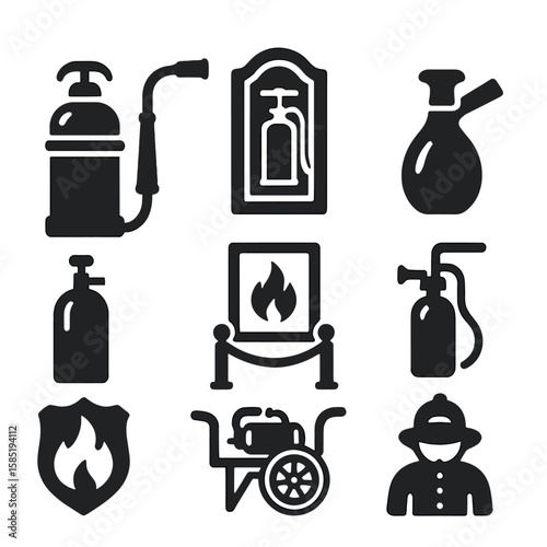 Vintage Fire Extinguishers. Solid style icons of vintage and historical extinguishers: old brass extinguisher, pump-style