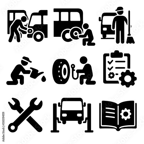 Bus Maintenance Icons. Solid style icons of bus maintenance and repair: engine inspection, wheel replacement, cleaning staff, oil
