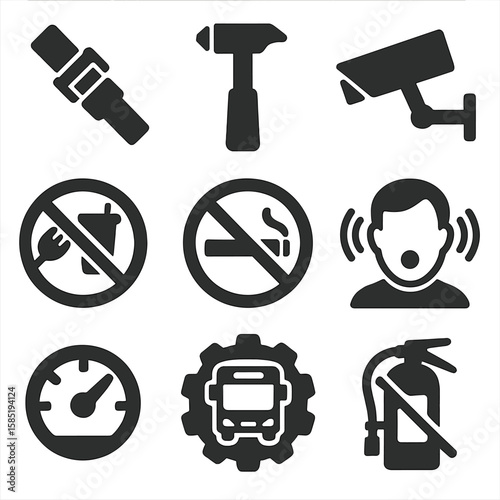 Bus Safety Icons. Solid style icons of safety and regulations in buses: seatbelt icon, emergency hammer, CCTV camera, no eating