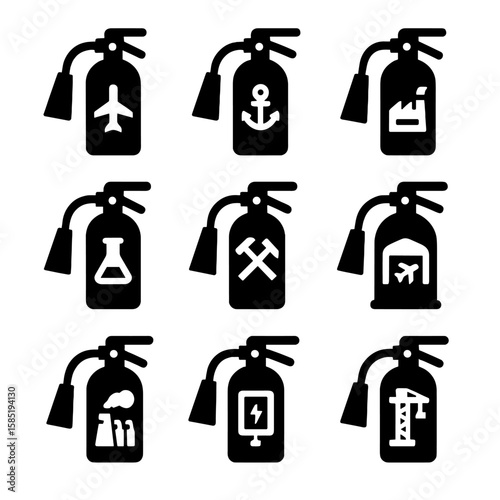 Specialized Extinguisher Icons. Solid style icons of specialized extinguishers: aviation fire extinguisher, marine fire