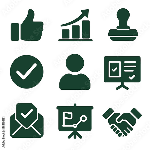 Pitch Success Icons. Solid vector icons of pitch success and metrics: thumbs up icon, funding chart, approval stamp, green
