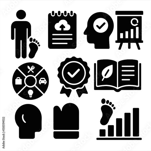 Carbon Footprint Icons. Solid style icons of individual responsibility for carbon: personal footprint icon, daily emission log,