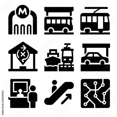 Transport Hub Icons. Solid style icons of transport hubs: metro station entrance, bus terminal, tram stop, transit interchange,