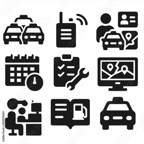 Taxi Fleet Icons. Solid style icons of taxi fleet and dispatch: taxi fleet overview, dispatch radio, driver assignment system,