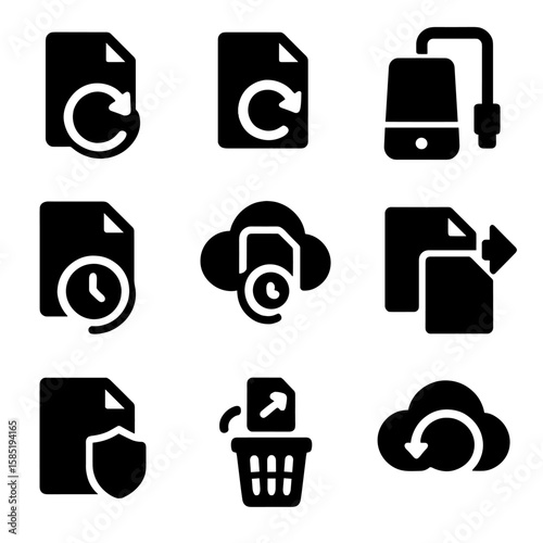 File Backup Icons. Solid style icons of file backup and restore: backup icon, restore file, external drive icon, file history icon
