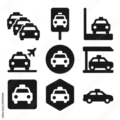 Taxi Zone Icons. Solid style icons of taxi stands and zones: taxi queue icon, designated pick-up sign, curbside taxi lane, airport