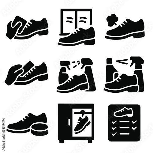 Shoe Care Icons. Solid style icons of daily shoe care routine: morning shoe wipe, post-wear airing, dust removal icon, routine