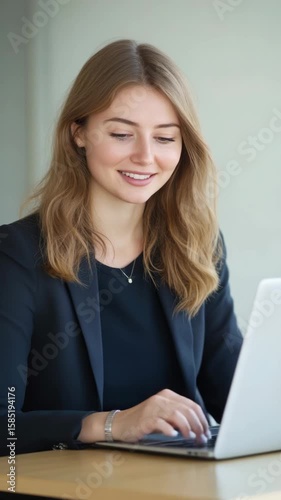 Professional woman in business attire typing on computer