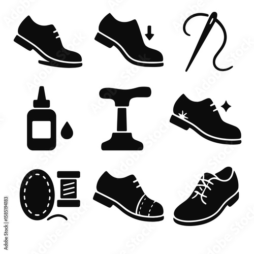 Shoe Repair Icons. Solid style icons of shoe repair and restoration: sole replacement, heel repair icon, stitching needle, glue