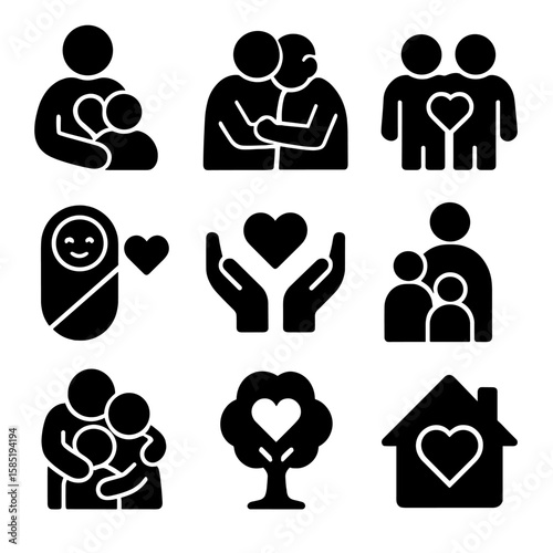 Family Love Icons. Solid style icons of family love: parent with child heart, grandparent hug, siblings with heart, baby with love
